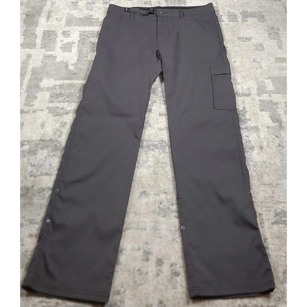 Prana Mens‎ Belted Gray Relaxed Straight Fit Cargo Hiking Stretch Pants Sz 3432